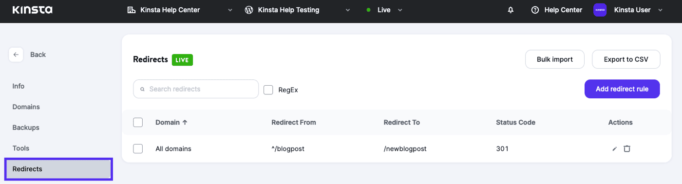 Manage redirect rules in MyKinsta.