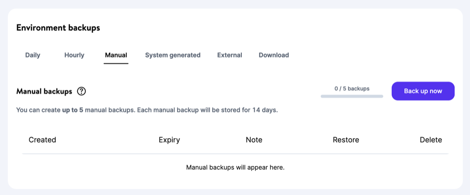 Manual backups dialog in MyKinsta.