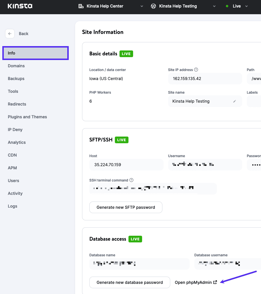 Screenshot showing database options in MyKinsta, including the Open phpMyAdmin button.