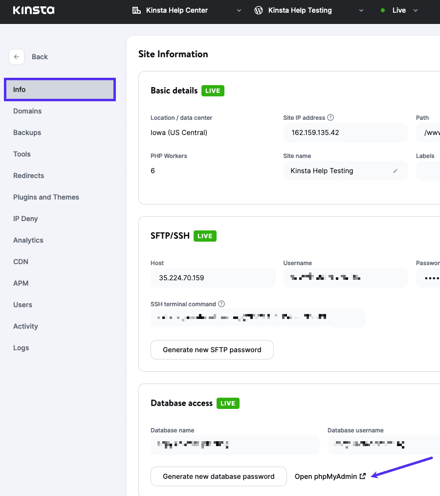 Open phpMyAdmin from MyKinsta Screenshot: Opening phpMyAdmin from MyKinsta.