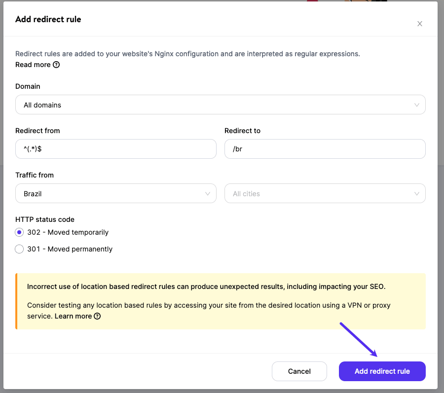 The Add redirect rule button will enable your redirection rule via MyKinsta.