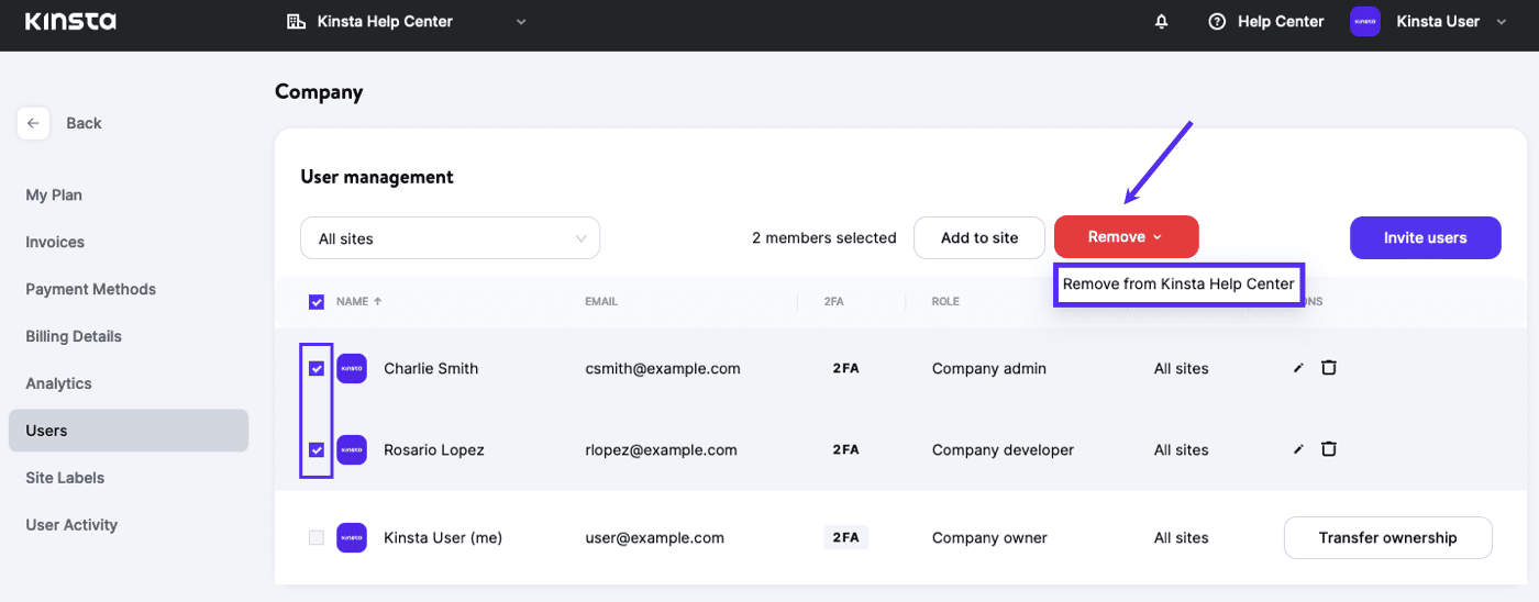 Remove multiple users from a company in MyKinsta Verwijder meerdere gebruikers van een bedrijf in MyKinsta.