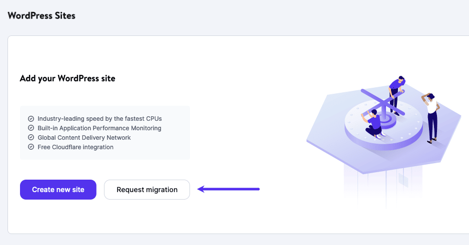 Haz clic en el botón Solicitar migración en una página de Sitios vacía en MyKinsta.