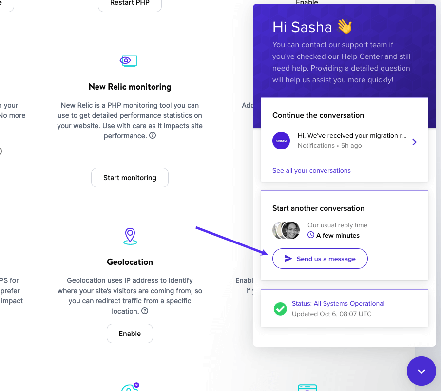 Een Support chatbericht sturen in MyKinsta.