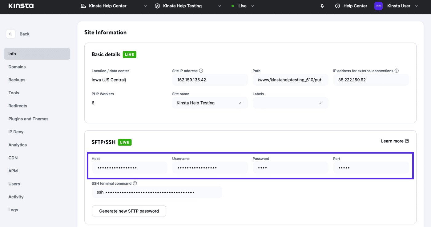 Detalhes do SFTP no MyKinsta.