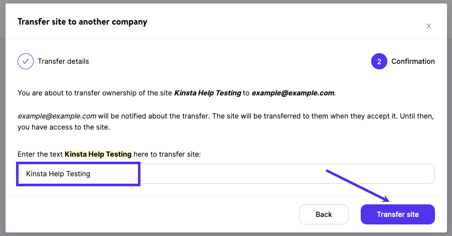 Haz clic en el botón Transferir sitio para confirmar la transferencia de tu sitio.