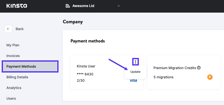 Atualize um método de pagamento no MyKinsta.