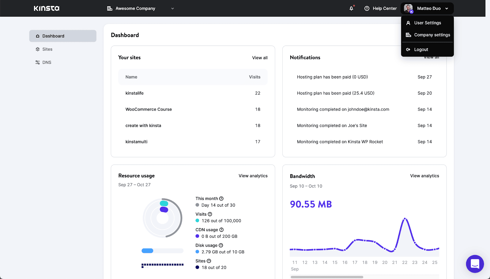 Uno sguardo alla nuova dashboard di MyKinsta.