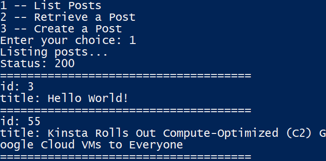 La aplicación Python devuelve el título y el id del nuevo post.