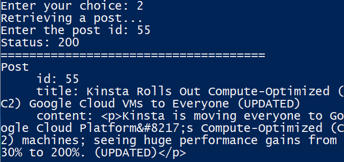 Aplicación Python mostrando la entrada actualizada.