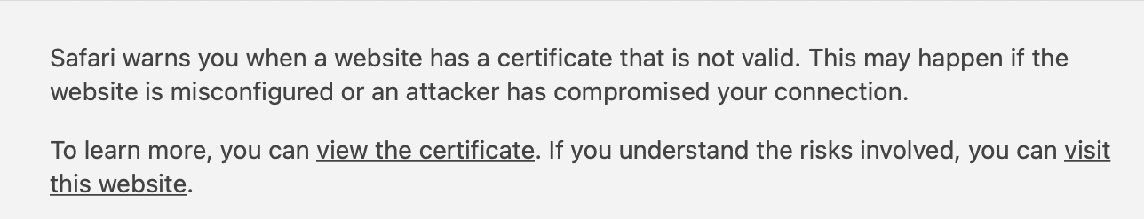 Schermata di un messaggio di errore del certificato SSL in Safari