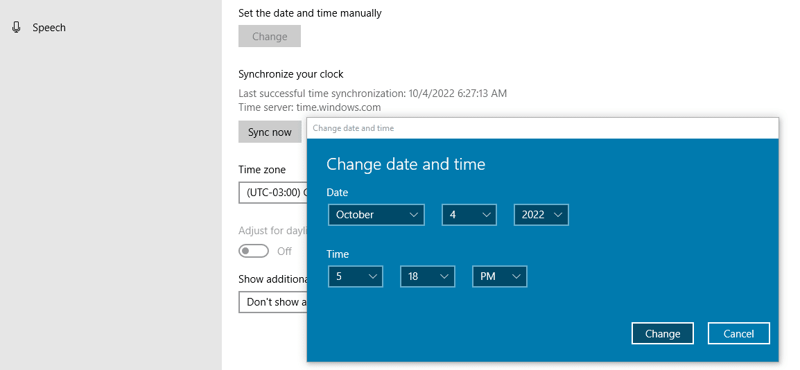 Set time and date manually in Windows