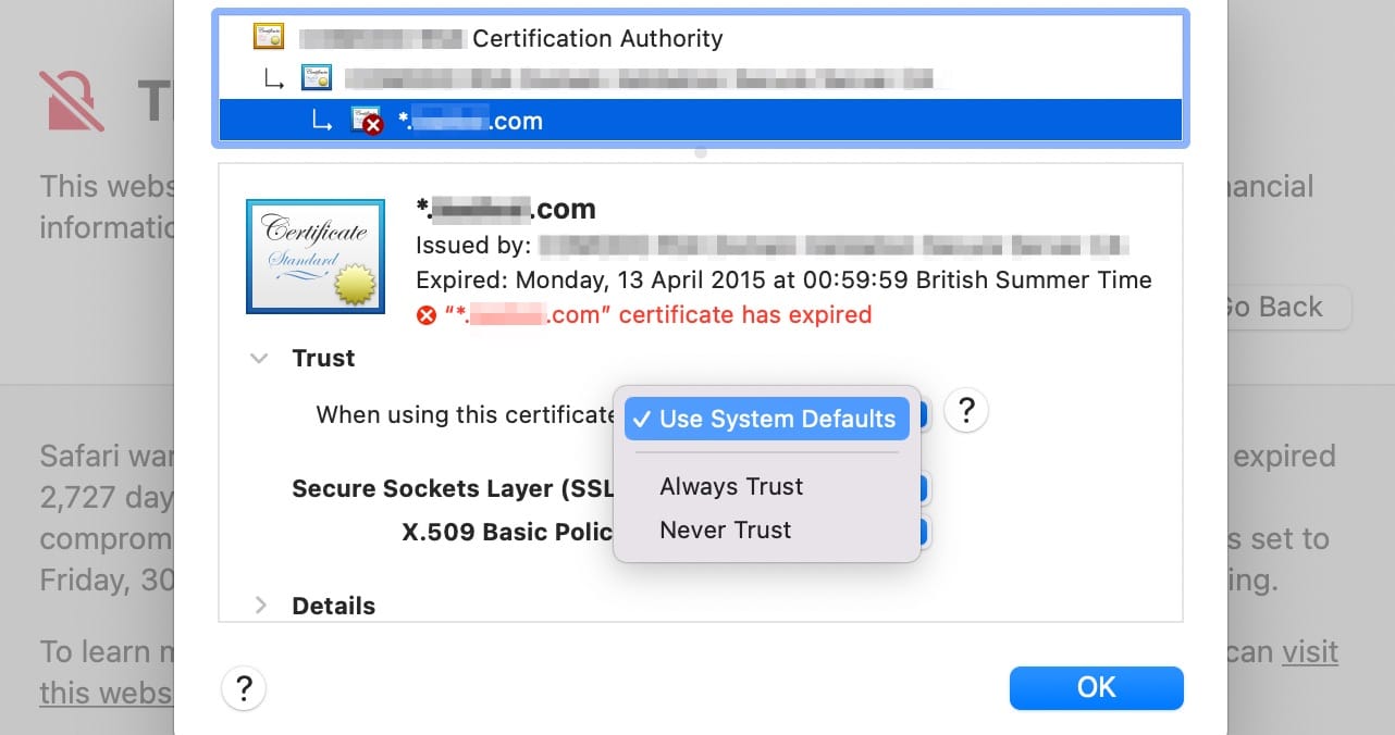 Schermata del browser Safari con le opzioni per dare fiducia a un certificato SSL