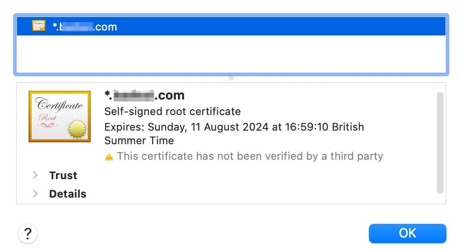 Et eksempel på et selvsigneret SSL-certifikat