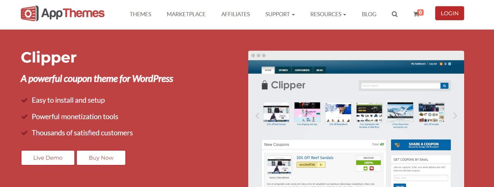 Schermata del sito web per il tema WordPress Clipper, incentrato sui coupon.