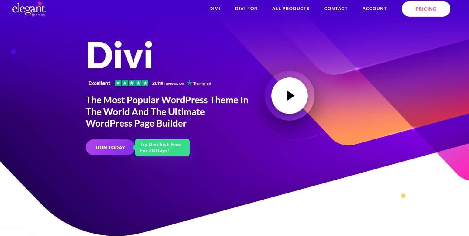 Skærmbillede af webstedet til Divi, et WordPress-tema, der er nyttigt for affiliate selskaber.