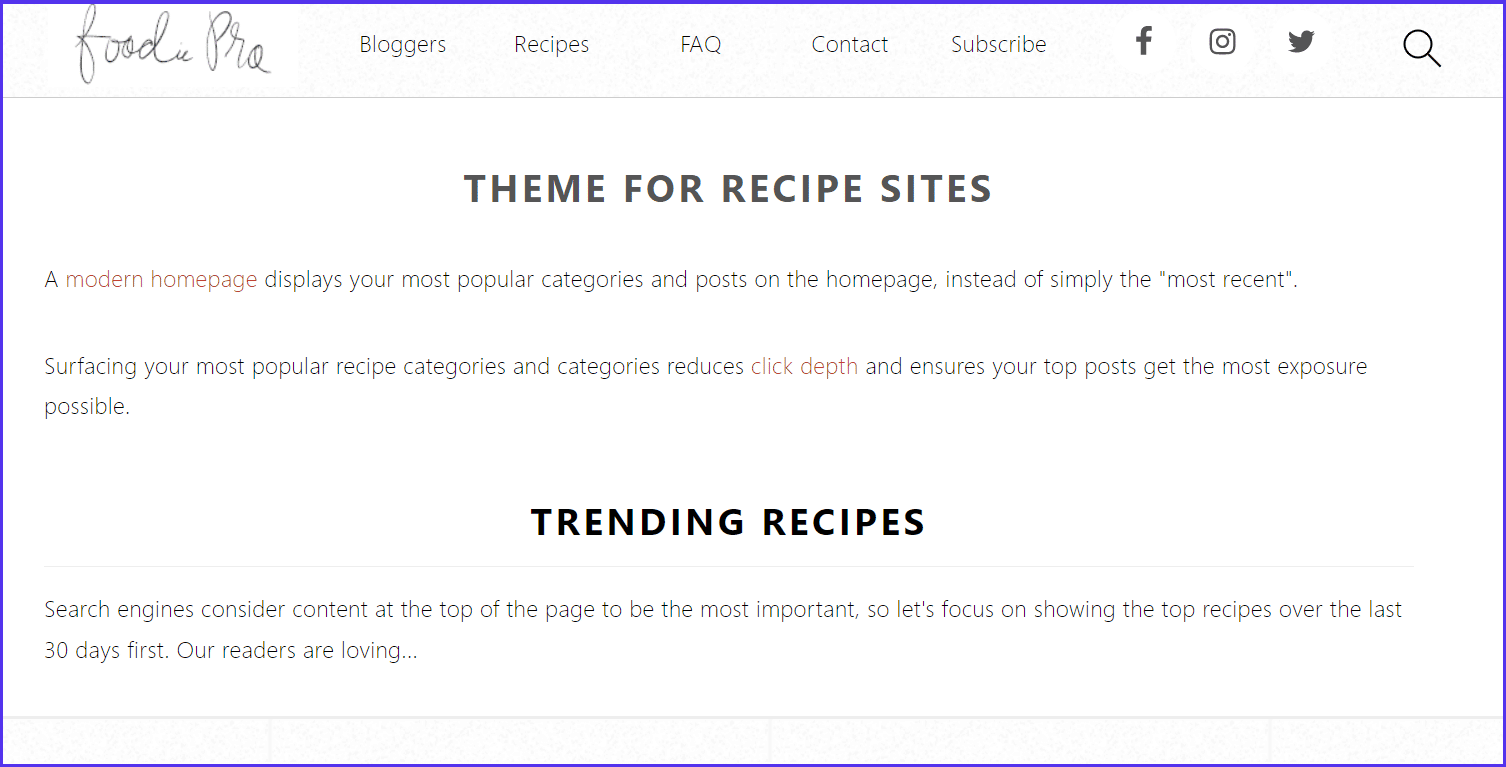 Screenshot van de website voor het Foodie Pro thema, het beste voor affiliate marketing voor voedingsproducten.