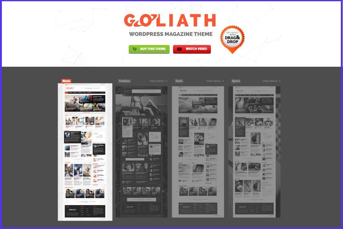 Screenshot of the website for Goliath, one of the best affiliate WordPress themes.