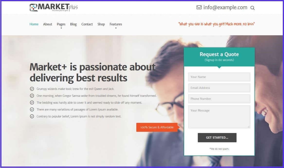 Skærmbillede af hjemmesiden for affiliate WordPress-temaet Marketplus.