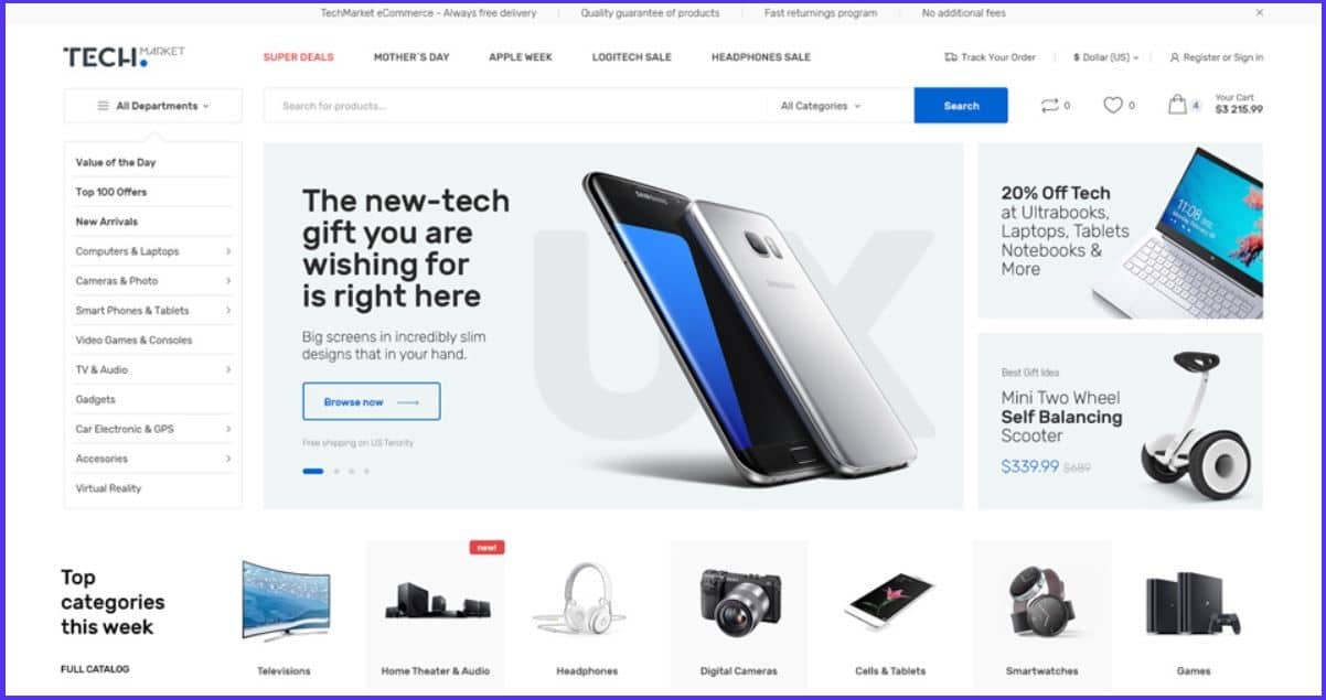 Screenshot of the website for the affiliate WordPress theme Techmarket.