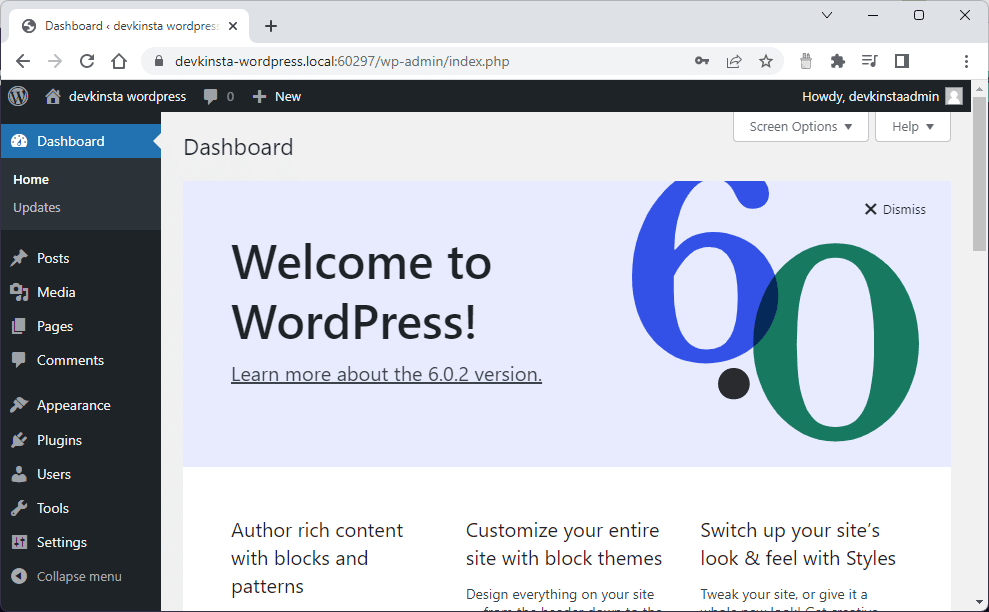 Página del panel de control de WordPress.