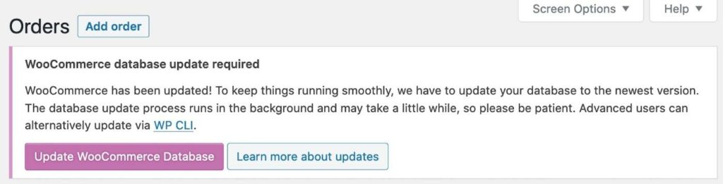 The WooCommerce database update message.