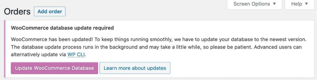 Meddelandet om uppdatering av WooCommerce-databasen.
