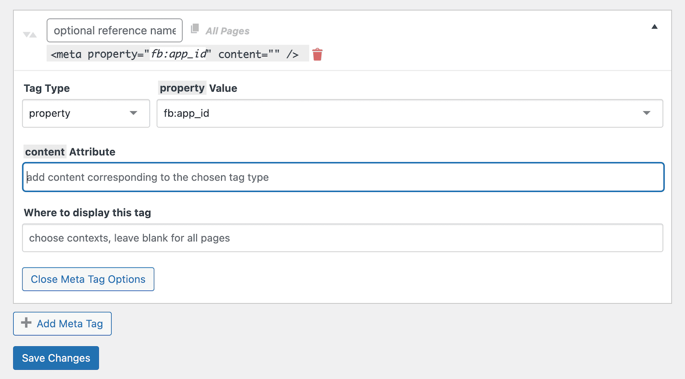 Meta Tag Manager waarden in WordPress dashboard