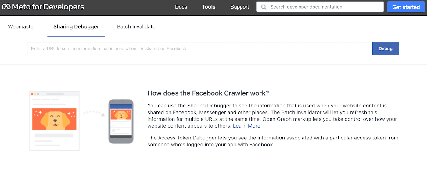 Una schermata dello strumento Facebook Sharing Debugger dal sito di Meta for Developers