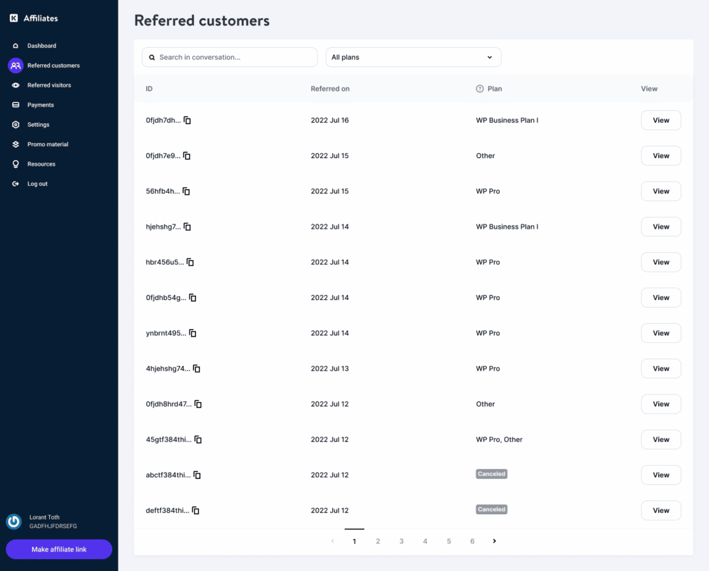 Schermata del cruscotto Affiliati, sezione Referred Customers con la lista dei referral ottenuti.