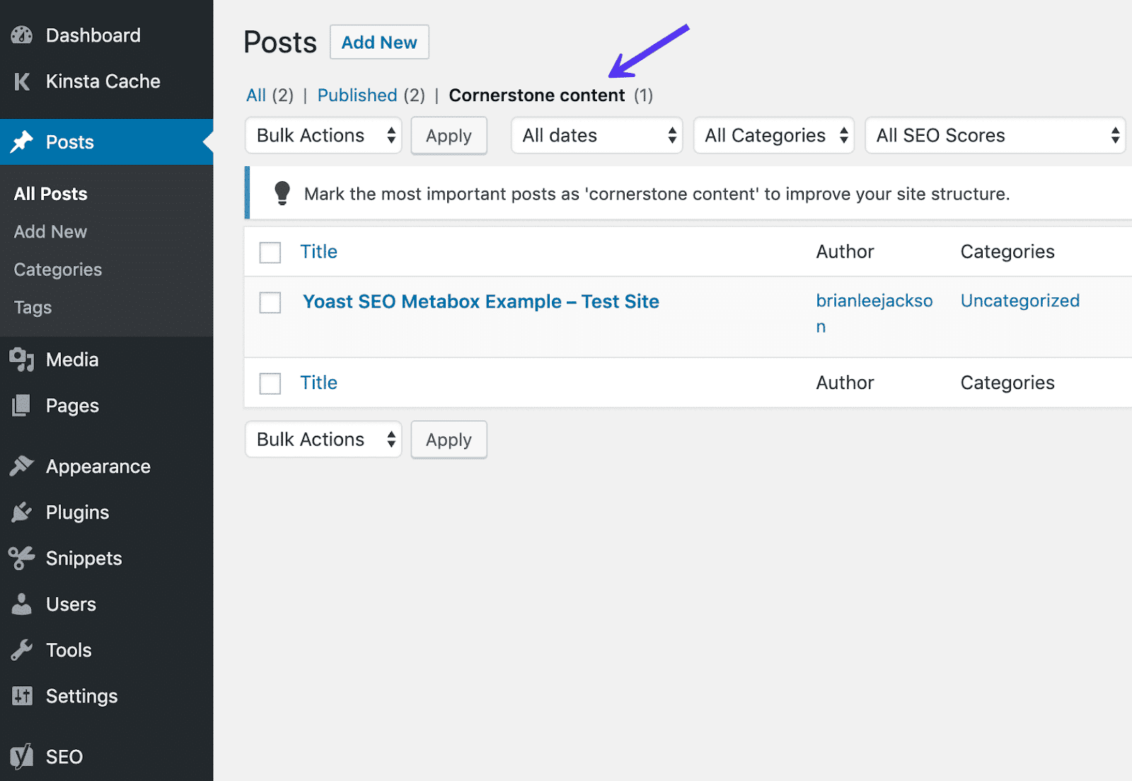 Conteúdo estrutural na lista de artigos.