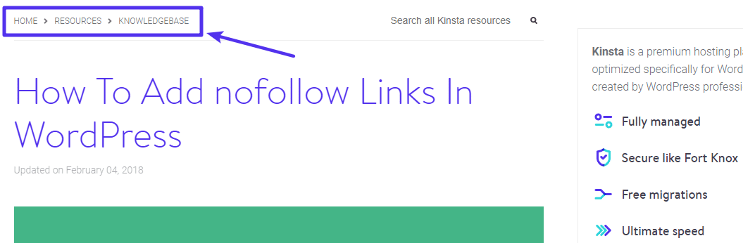 Schermata dell’intestazione di un articolo nel blog di Kinsta: sopra il titolo si intravedono i breadcrumb Home - Resources - Knowledgebase