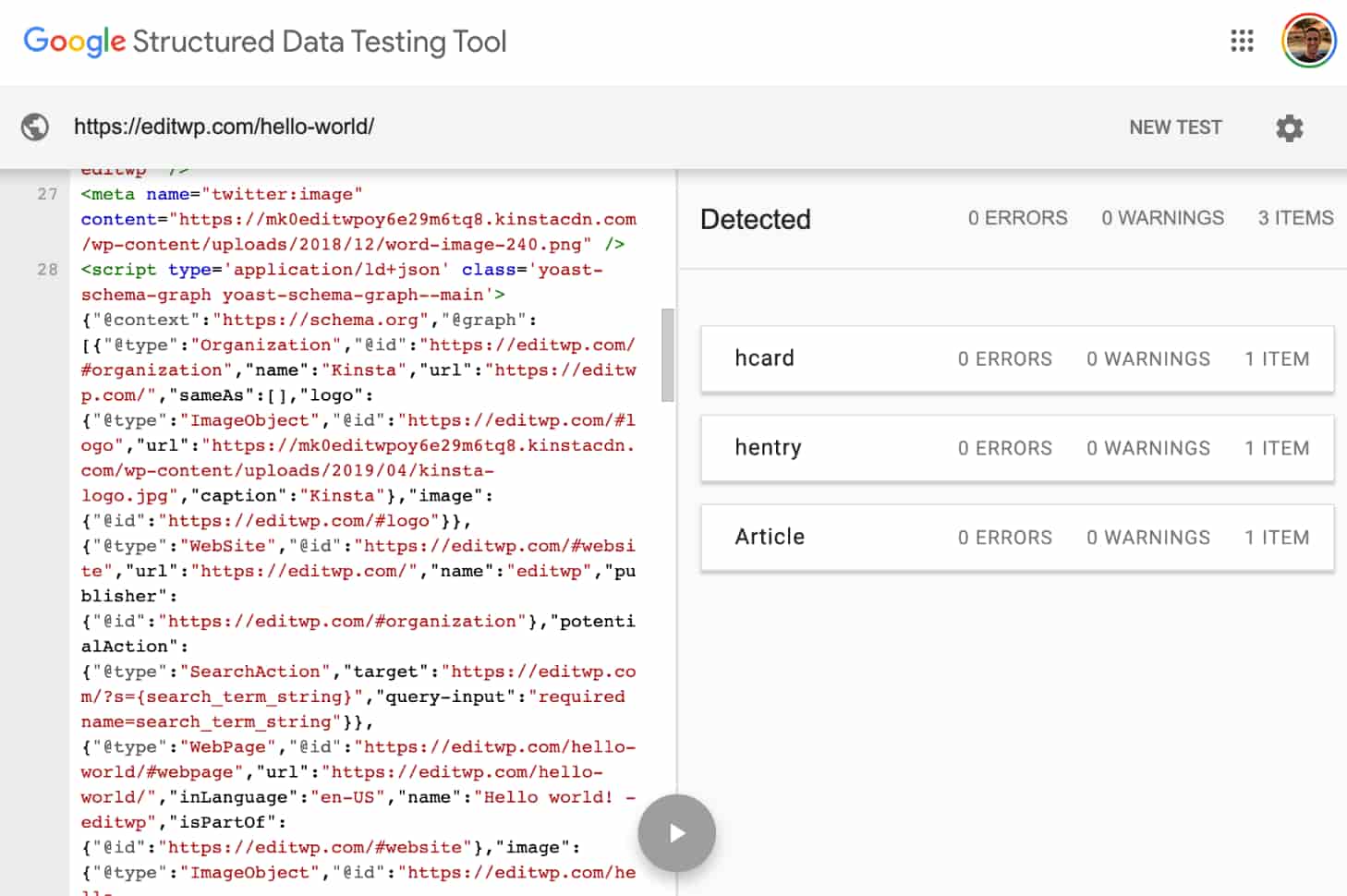 Captura de pantalla de la herramienta Google Structured Data Testing Tool