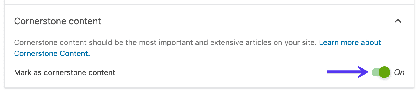 Schermata di Yoast SEO che indica l’opzione per attivare un articolo come contenuto Cornerstone