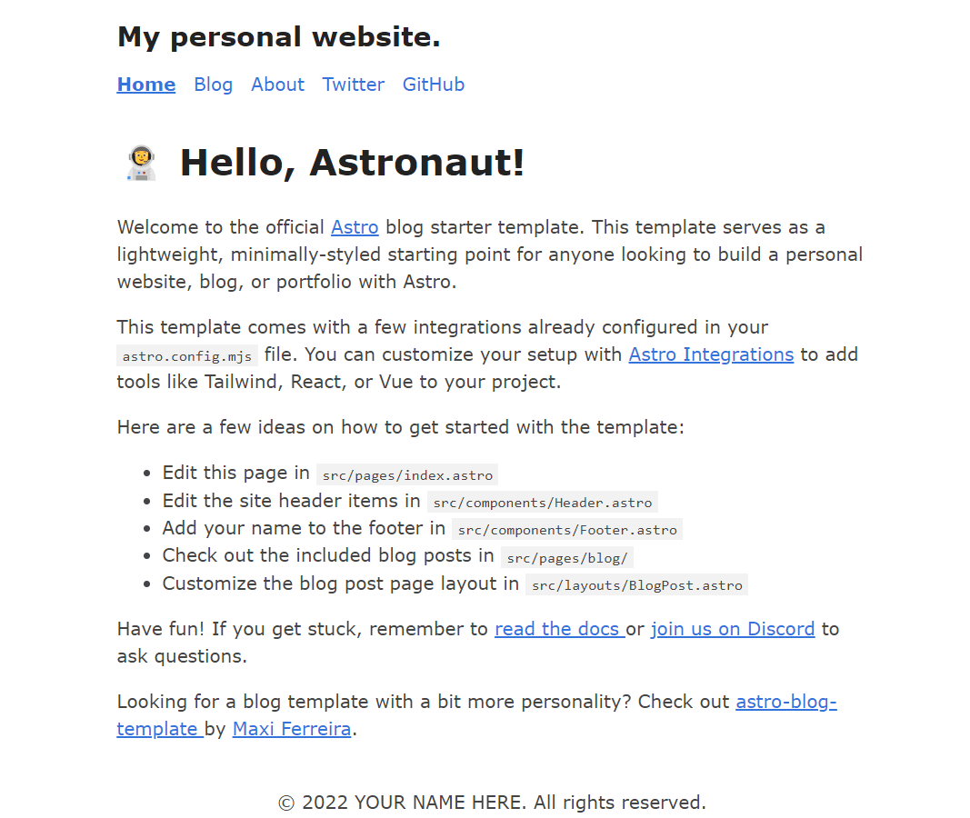 インストール完了後に表示されるAstro Hello Astronautページ