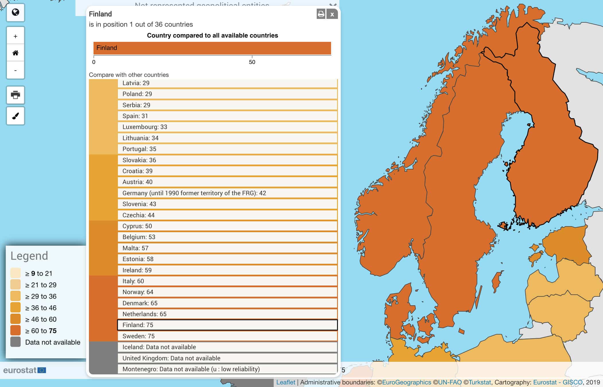 2021年の北欧におけるクラウドコンピューティングサービスの導入状況（画像出典: Eurostat）