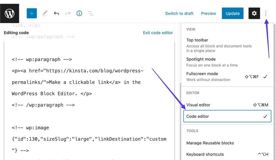 Schermata dell’Editor dei Blocchi di WordPress: nel menu che si apre sulla destra una freccia indica la sezione Editor e la voce Code Editor per modificare il codice.