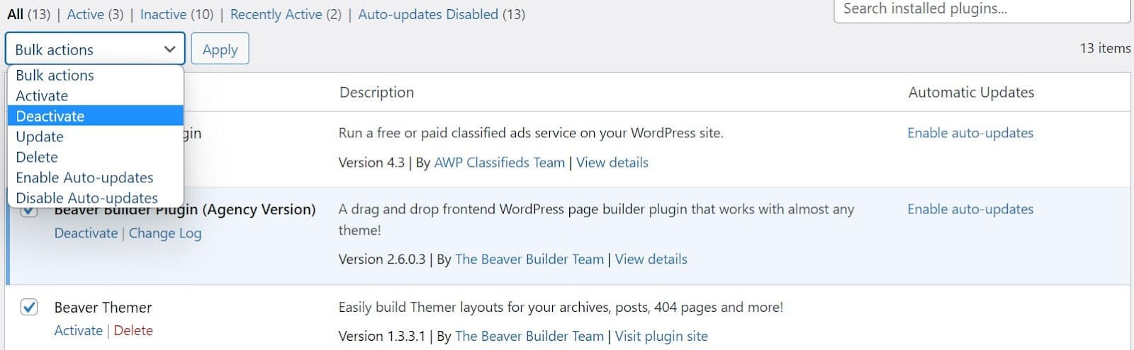 WordPress plugins in bulk deactiveren