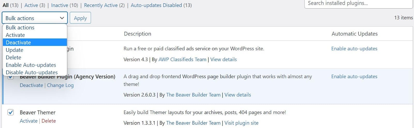 Désactiver les extensions WordPress de façon groupée