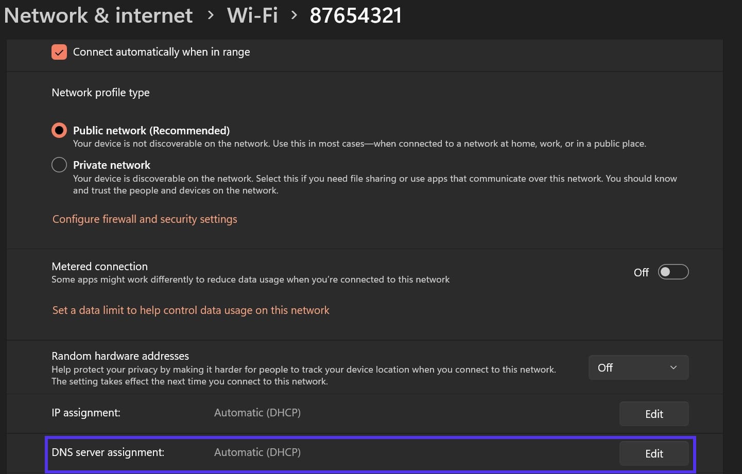 Opening the DNS server assignment settings