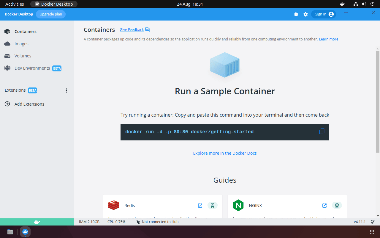 Captura de pantalla de Docker Desktop funcionando en Ubuntu.