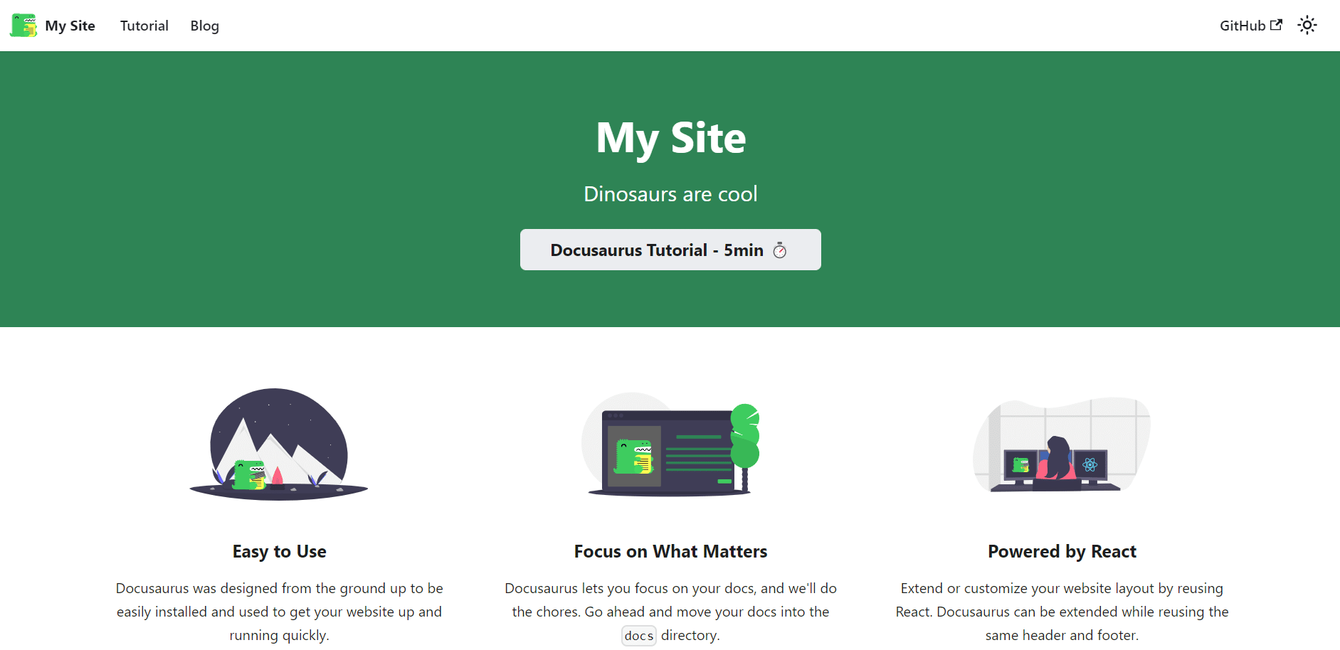 Docusauru's standardmässiga My Site-sida efter framgångsrik installation.