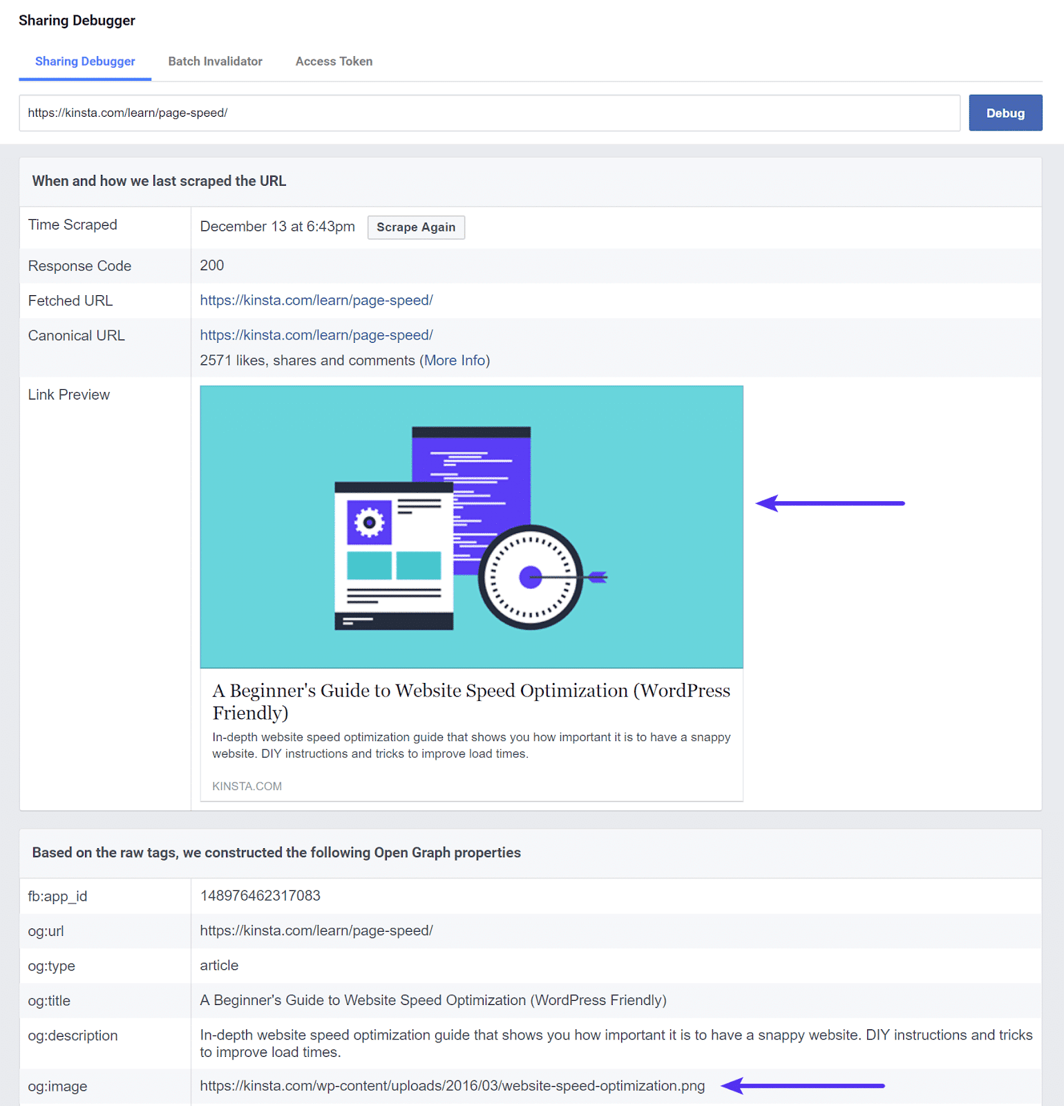 Gamla bilden och webbadressen visas i Sharing Debugger