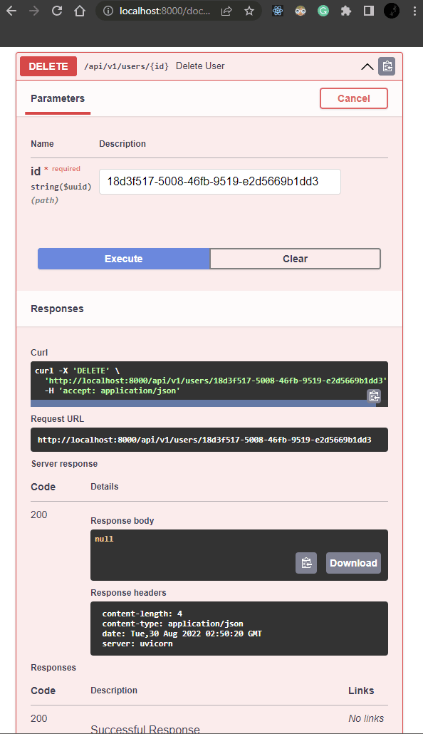 Screenshot met parameters voor FastAPI DELETE verzoek.