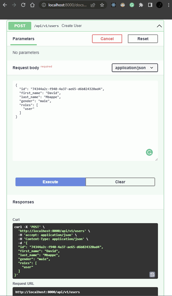 Screenshot showing parameters for FastAPI POST request.