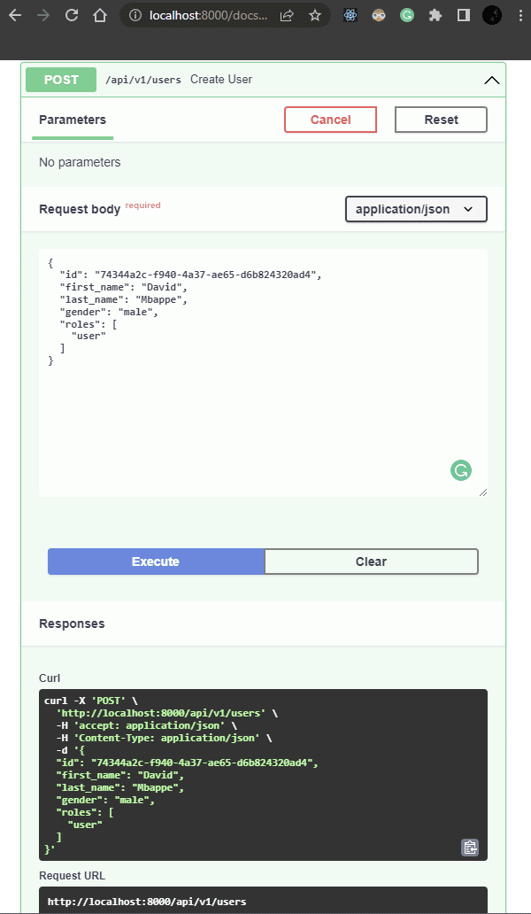 Screenshot met parameters voor FastAPI POST verzoek.