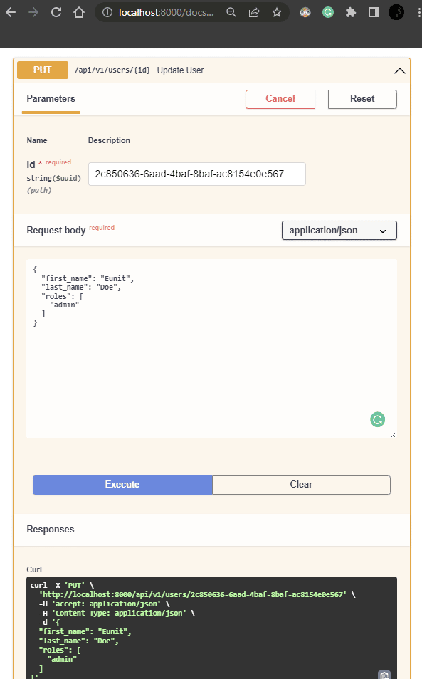 Skærmbillede, der viser parametre for en UPDATE-anmodning.