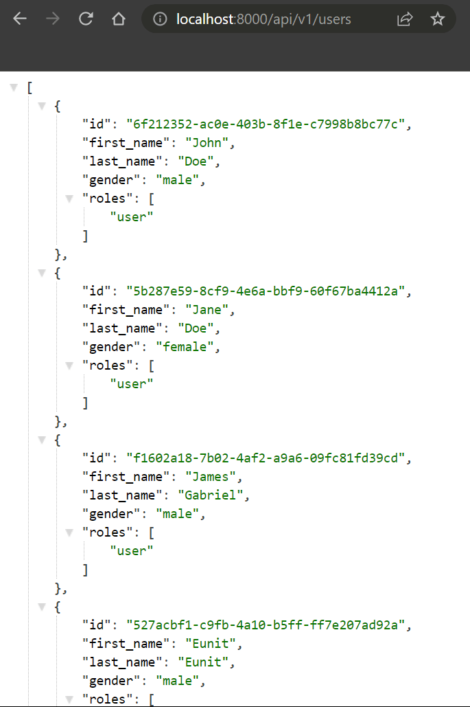 Datos de usuarios recuperados por la solicitud de lectura de la base de datos FastAPI.