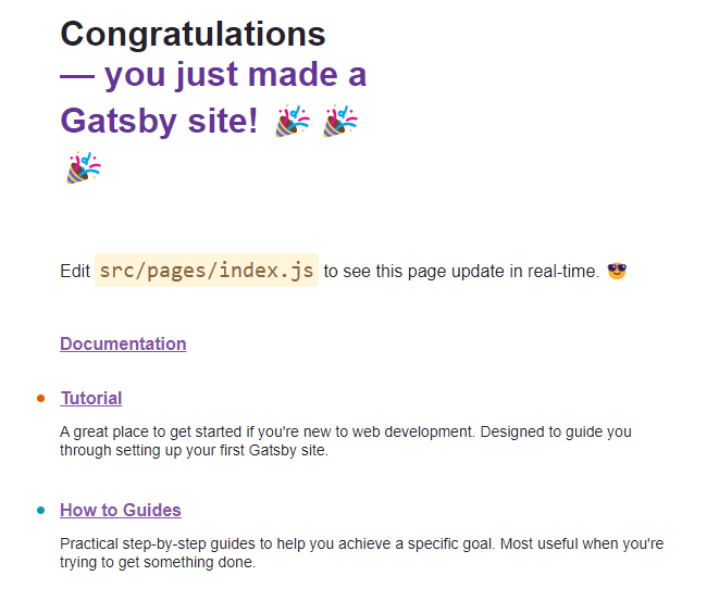 Page Gatsby par défaut après une installation réussie.