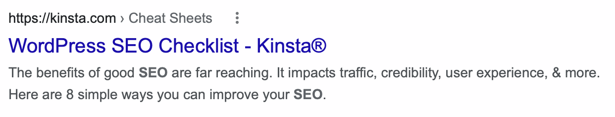 Un esempio di snippet SEO in cui compare la WordPress SEO Checklist di Kinsta